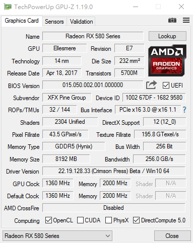 AMD Radeon RX 580 en GPUZ