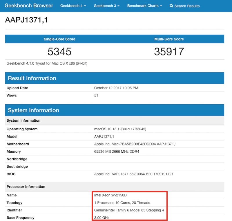 GeekBench - Apple iMac Pro 2017