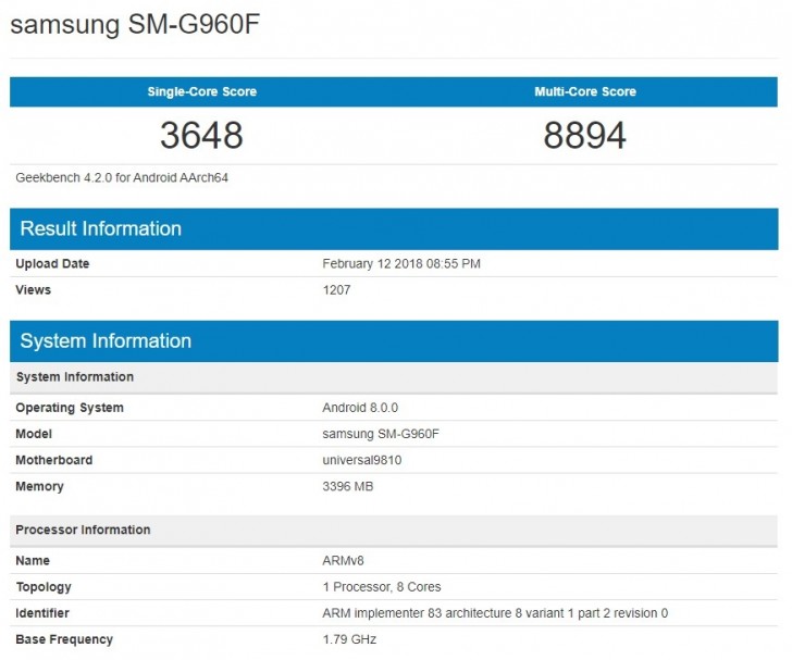 Samsung Galaxy S9 con procesador Exynos 9810 geekbench