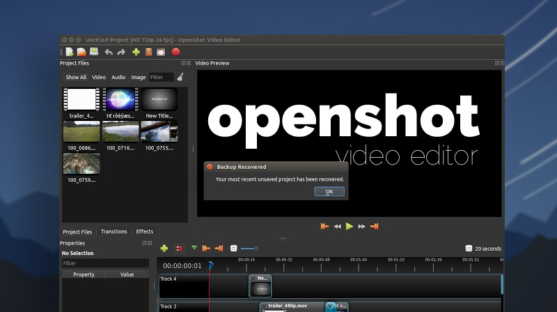 Guida a Openshot software libero di montaggio video digitale: Modalità, Regolatore dell’ingrandimento e Linea temporale.