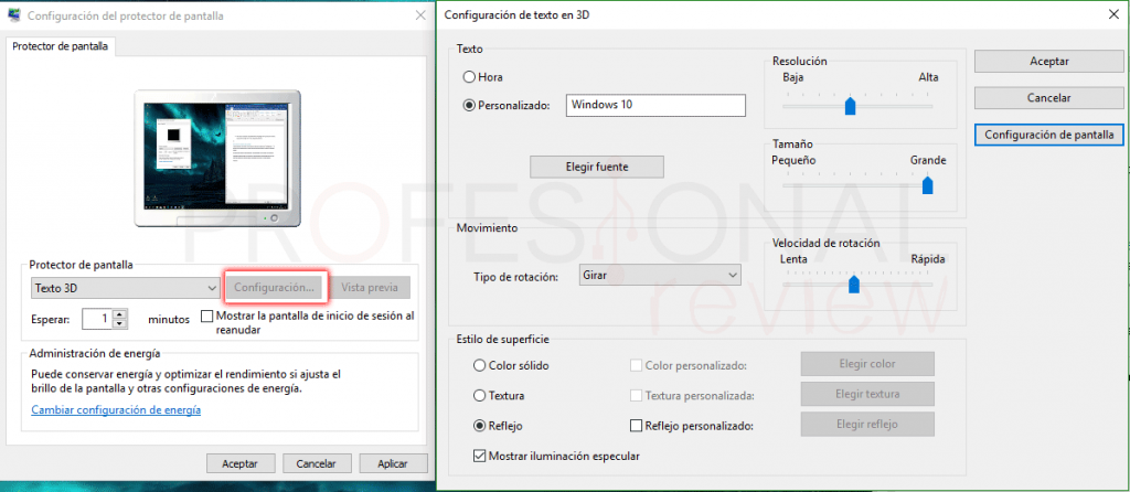Activar protector de pantalla Windows 10