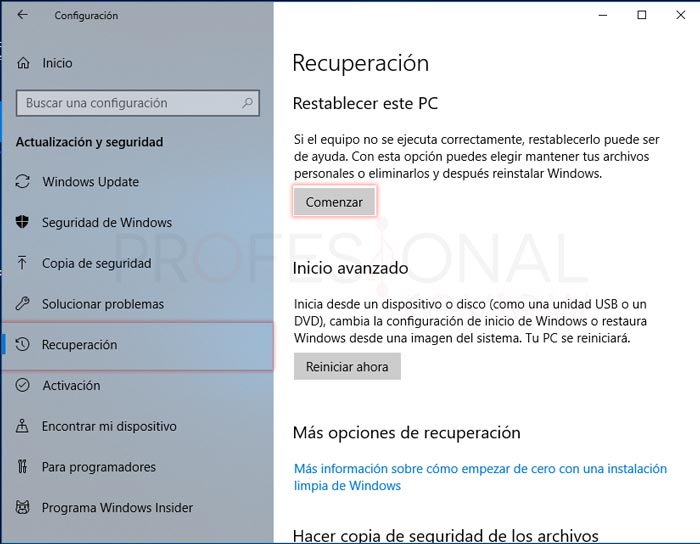 Restaurar de fábrica Windows 10 tuto04