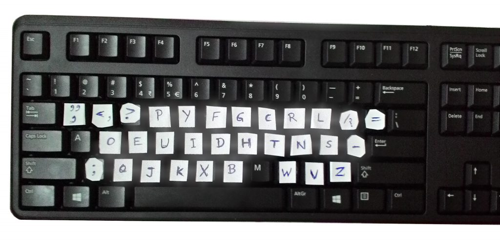 Ejemplo de teclado Dvorak con etiquetas