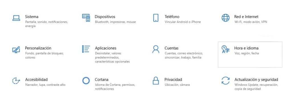 Hora e Idioma en configuración