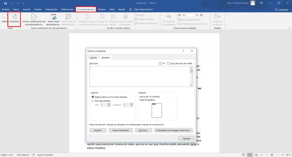 Crear etiquetas en Word