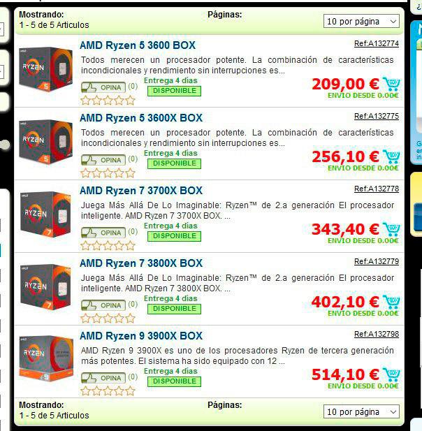 AMD Ryzen 5 3600, 3600X, 3700X, 3800X y 3900X se listan su precio en España