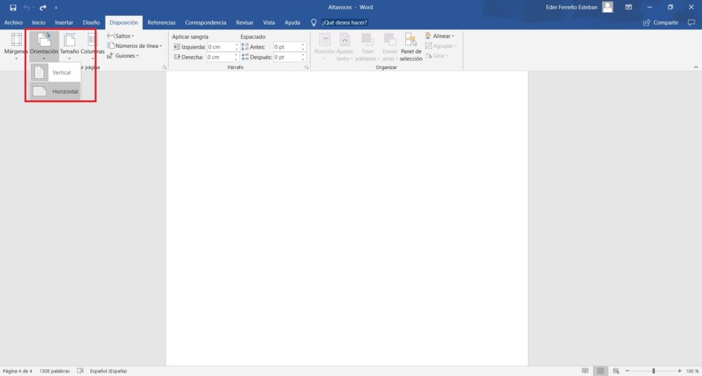 Poner solo una página en horizontal word