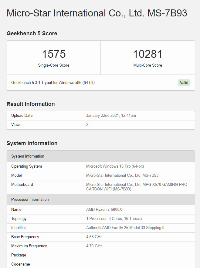 Ryzen 7 5800X geekbench