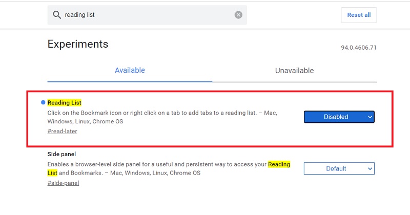Google Chrome quitar lista de lectura