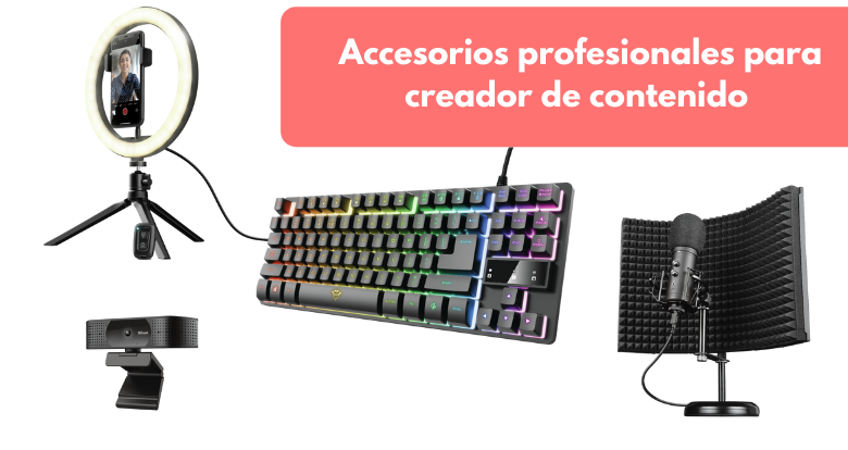 Anillos de luz, micrófonos y webcam de un creador de contenido profesional