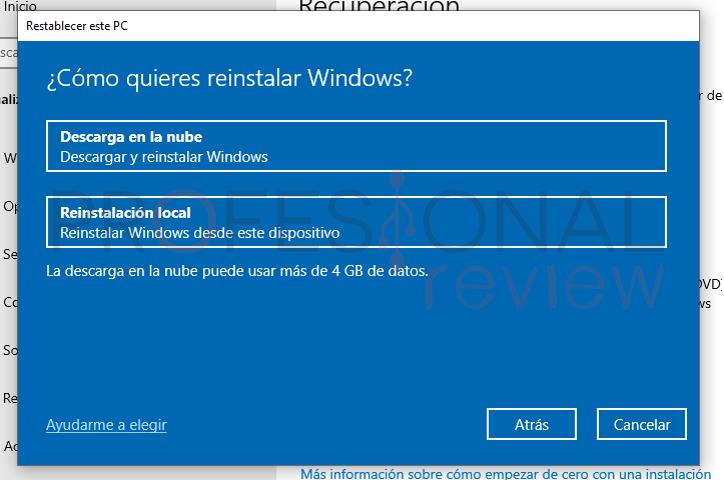 Opciones reinstalar Windows 10