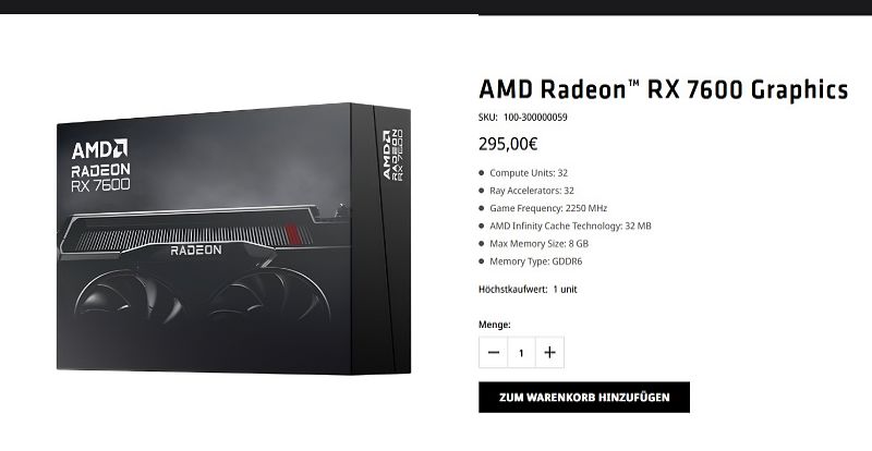 Radeon RX 7600 de referencia estuvo disponible para su compra en la tienda de AMD Alemania